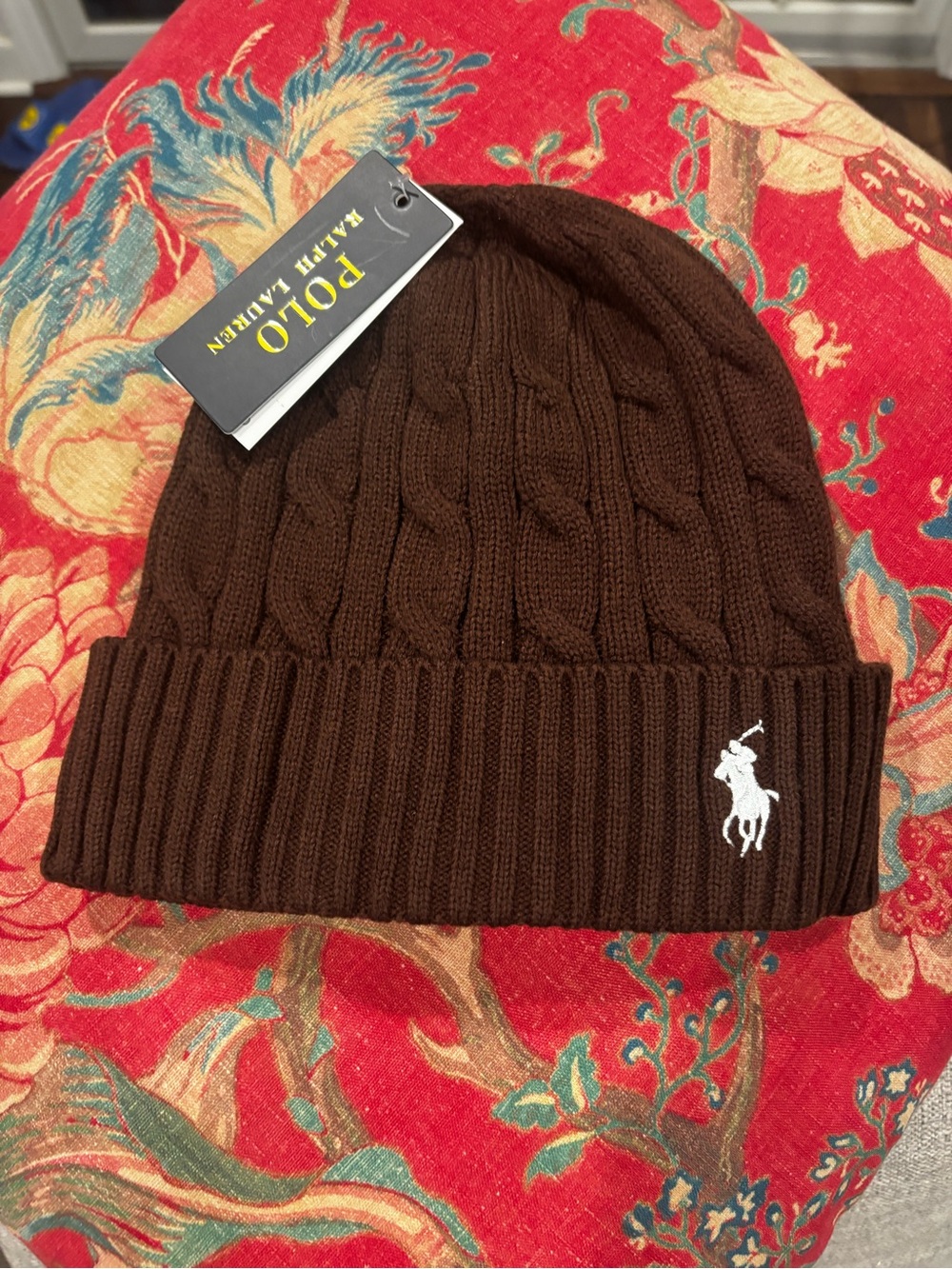Polo by Ralph Lauren Brown Cable Knit Beanie with White Polo Player Logo